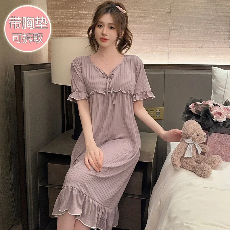 Hot Summer Plus Size Sexy Lace V-neck Short Sleeve Cotton Nightgowns for Women Cute Sleepwear Night Dress Nightdress Home Nighty