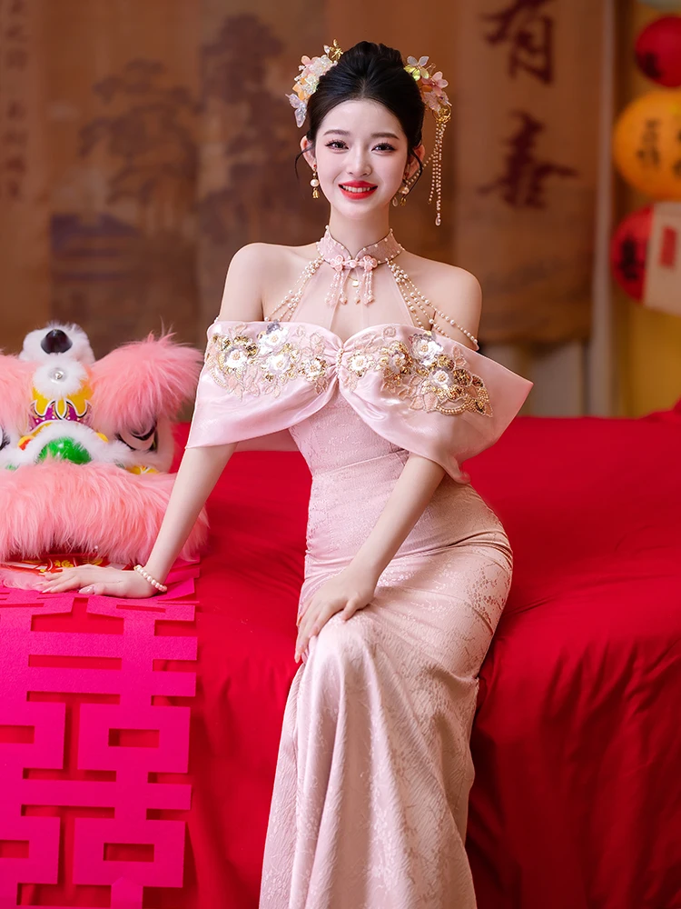 

Розовое свадебное платье Ele Pink Wedding Dr Sle Fi Tail Gown для женщин, роскошное, для торжественных церемоний, винтажное, с жемчужной отделкой