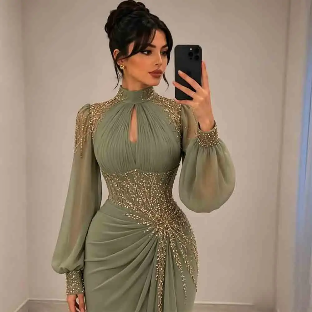 Customized Sage Green Mermaid Evening Dresses Long Lantern Sleeve High Neck Keyhole Gold Beaded Chiffon Formal Gown For Women