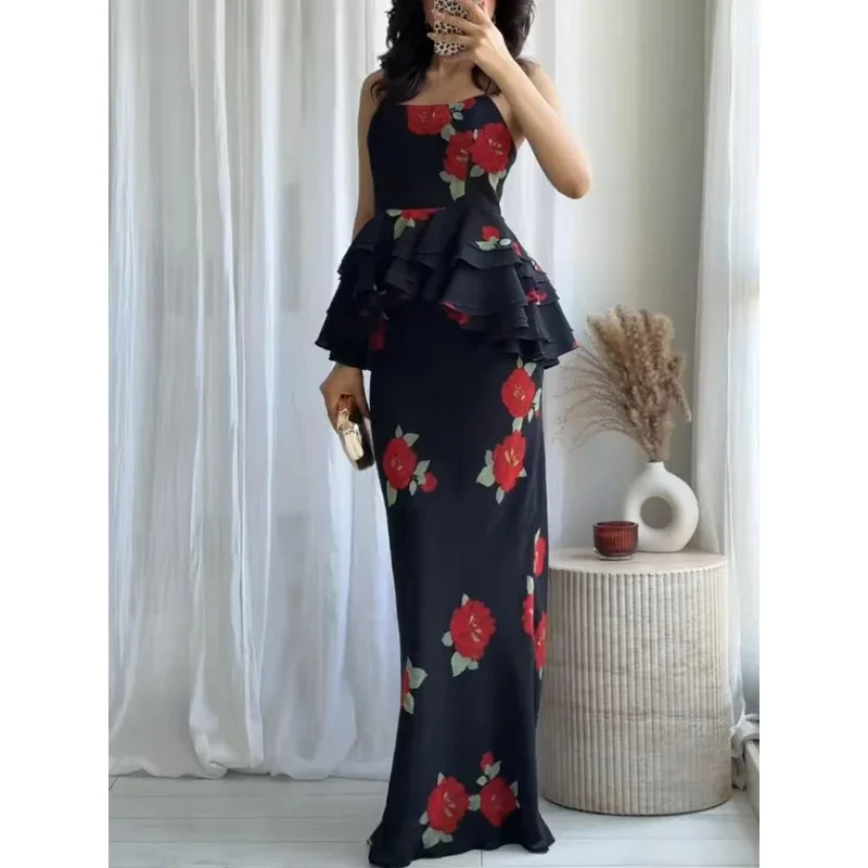 

Bonny Slim Ruffles Flower Print Sling Vest Skirts Suit Women Elegant Sleeveless Backless Top Hip Package Skirt New Lady Outfits