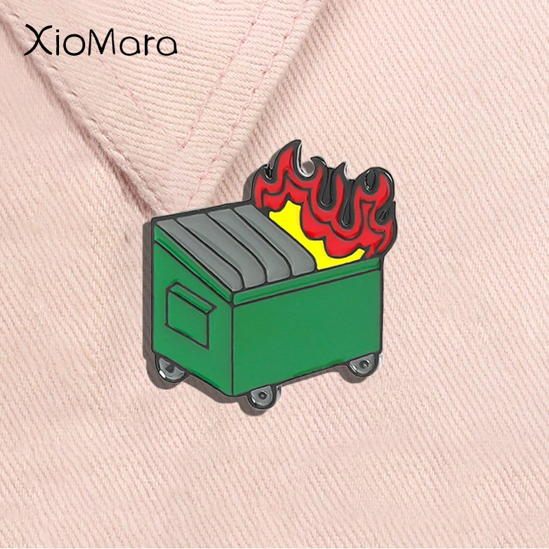 Creative Dumpster Fire Enamel Pin Trash Can Catch Fire Eliminate Nightmares Positive Brooch Lapel Badge Jewelry Gift For Friends