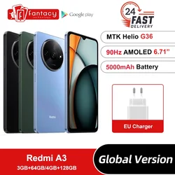 Xiaomi-Redmi A3スマートフォン,グローバルバージョン,mediatek helio g36,5000mahバッテリー,90hz,6.71インチドットドロップディスプレイ