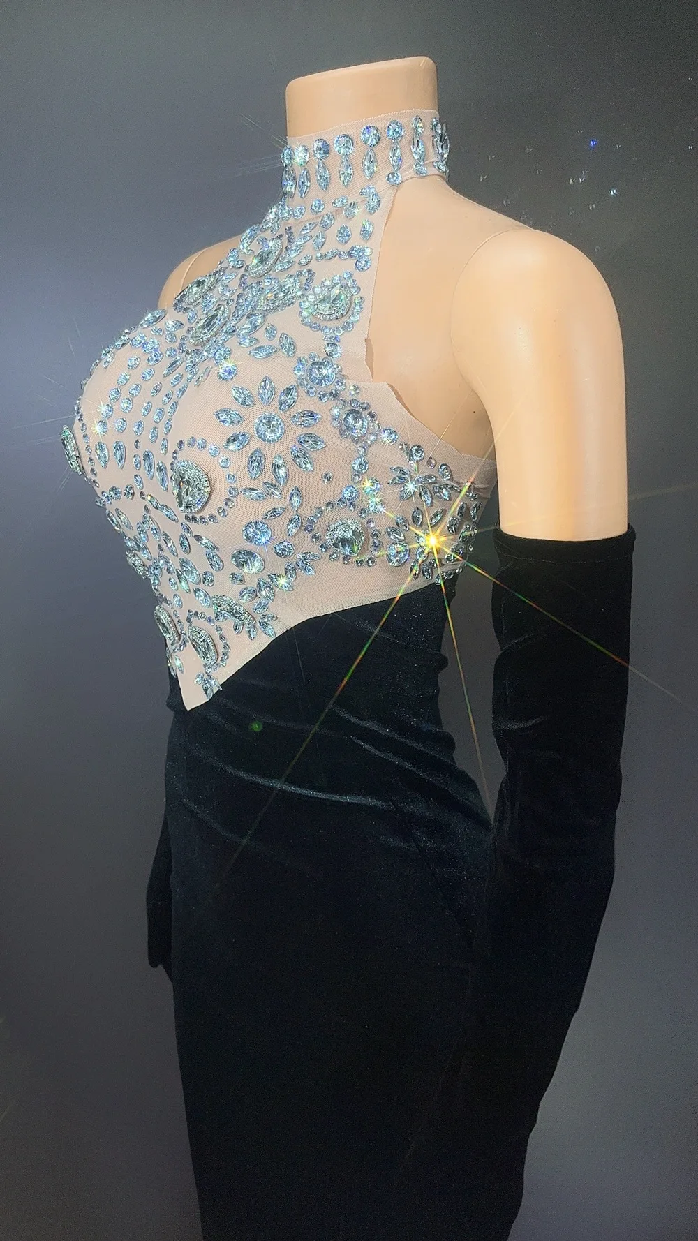 เซ็กซี่กํามะหยี่แน่นBacklessถุงมือRhinestone SparkleชุดกระโปรงRobe Femme Chic Et Élégante Vestidos De Festa Glamorousชุด