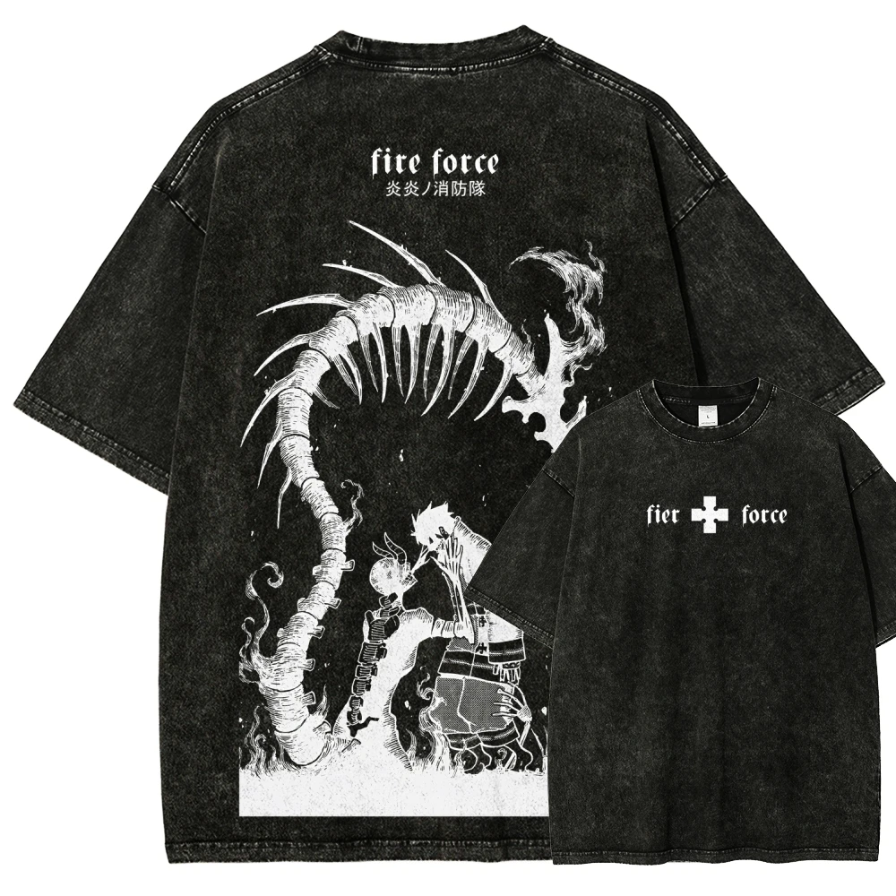 Fire Force Vintage Washed Graphic T‑Shirt Men Women Japanese Anime Art Print Short Sleeve Tee Unisex Manga Streetwear Tops