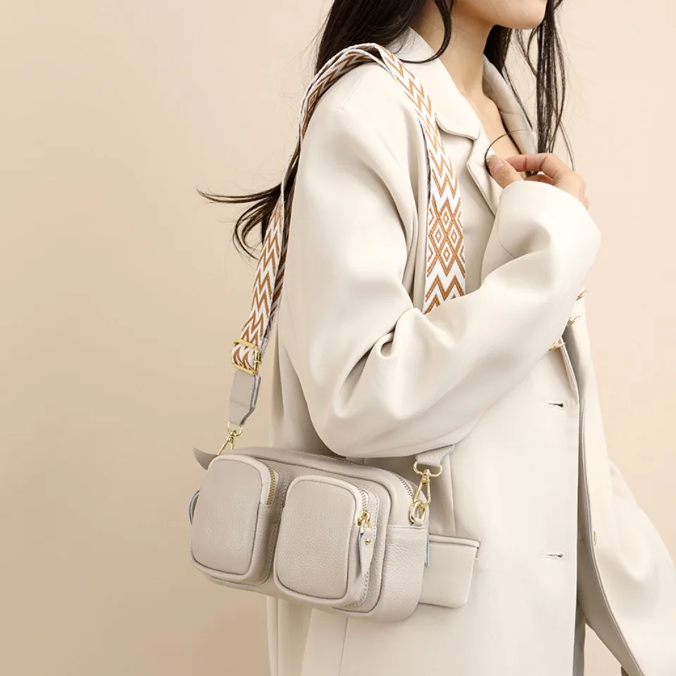 Genuine Leather Two Front Pockets Shoulder Bag High Quality Solid Color Crossbody Bags for Women Luxury Cow Leather Female Purse