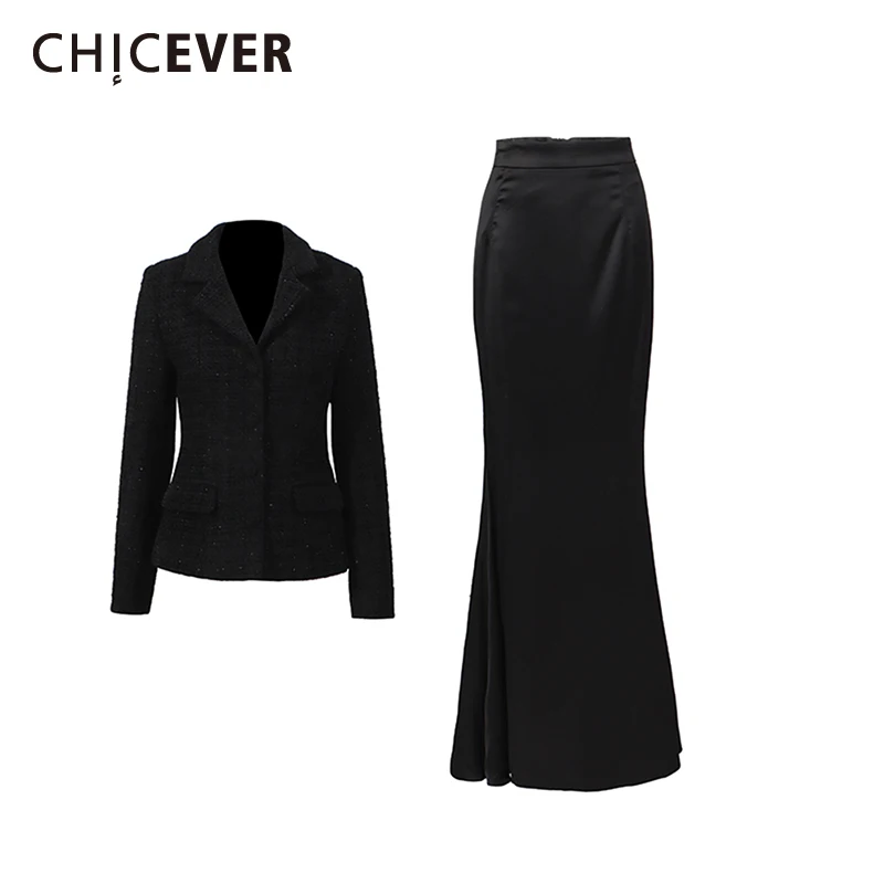 CHICEVER noir épissé poche deux pièces ensemble femme revers à manches longues veste taille haute bureau dame femmes jupe ensembles été nouveau