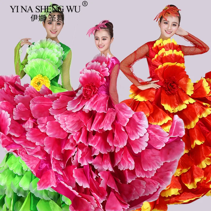 360 grande abertura vestido de dança florescendo flores trajes de desempenho de dança feminino saia grande pétala saia canção dança acompanhamento