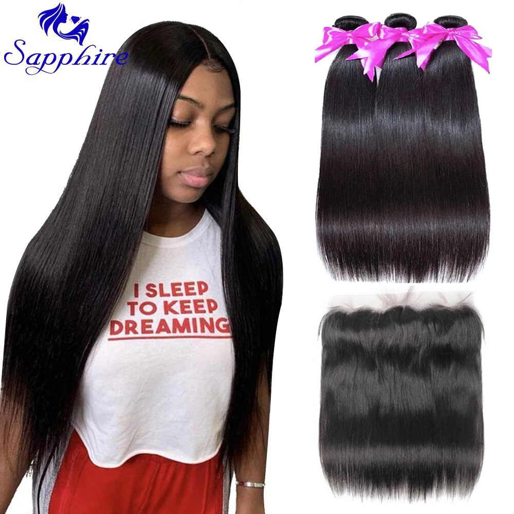 

Sapphire Peruvian Bone Straight Bundles With Closure 8"-18" Remy Human Hair Extension Bundles With Frontal Ear To Ear 13X4 Lace