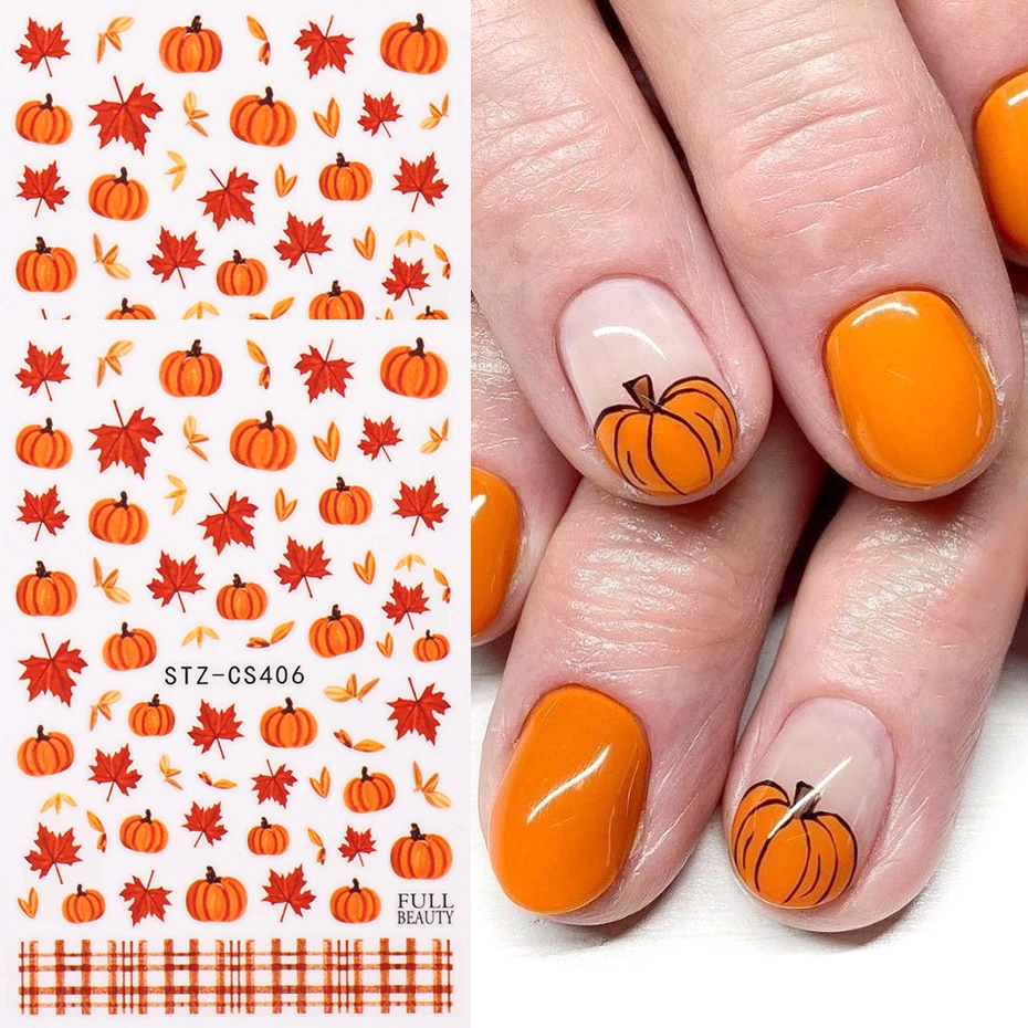 2pc Cute Pumpkin Nail Stickers Decals Fall Maple Leaf Plaid Line Adhesive Sliders Autumn Thanksgiving Nail Design Accessories
