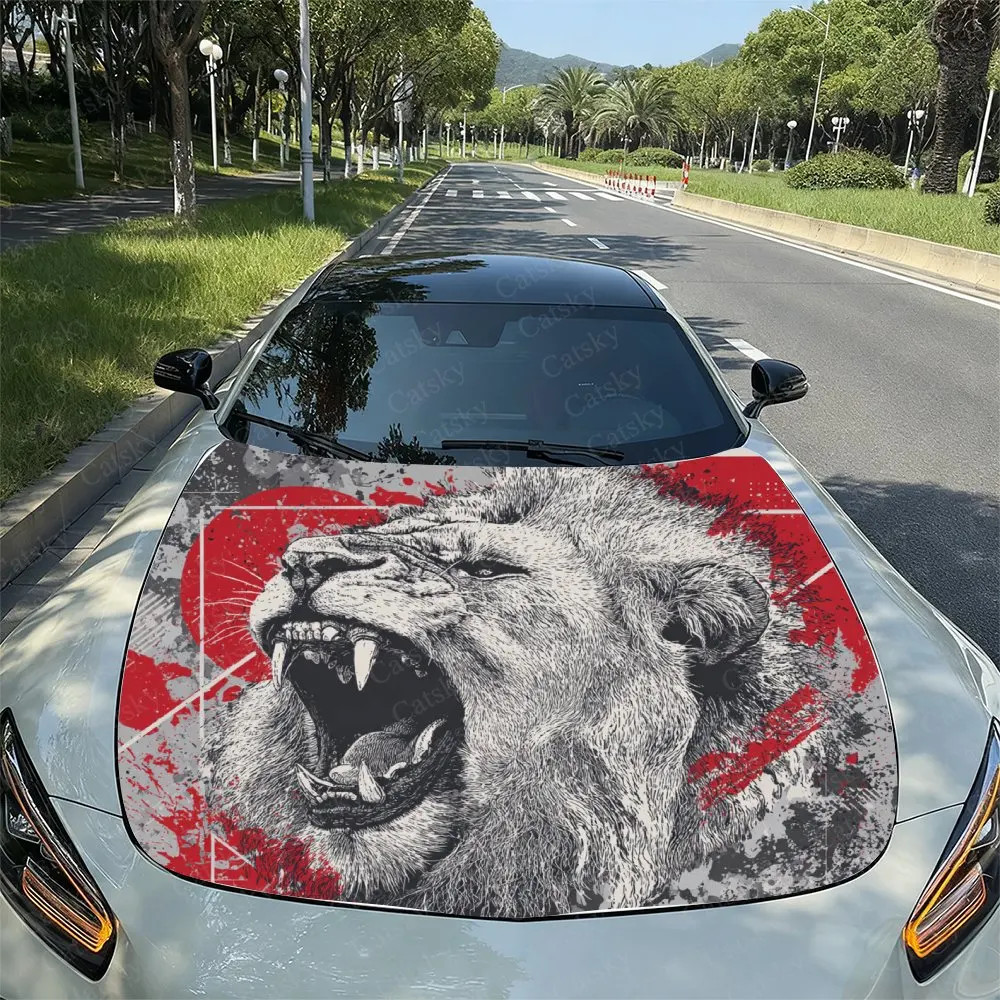 Black And White Style Roaring Lion Pattern Car Vinyl Wrap - Splash-Resistant Engine Hood Decal Sticker, Easy Removal Durable Per