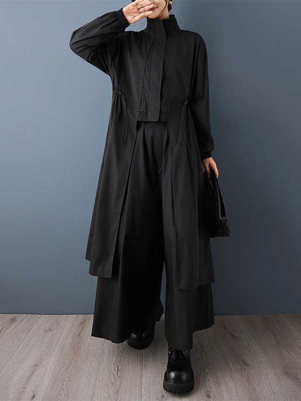 Authentic Dark Style Irregular Zipper Design Slimming Fashionable Windbreaker Women's Commute Style Long Sleeve Midi Coat