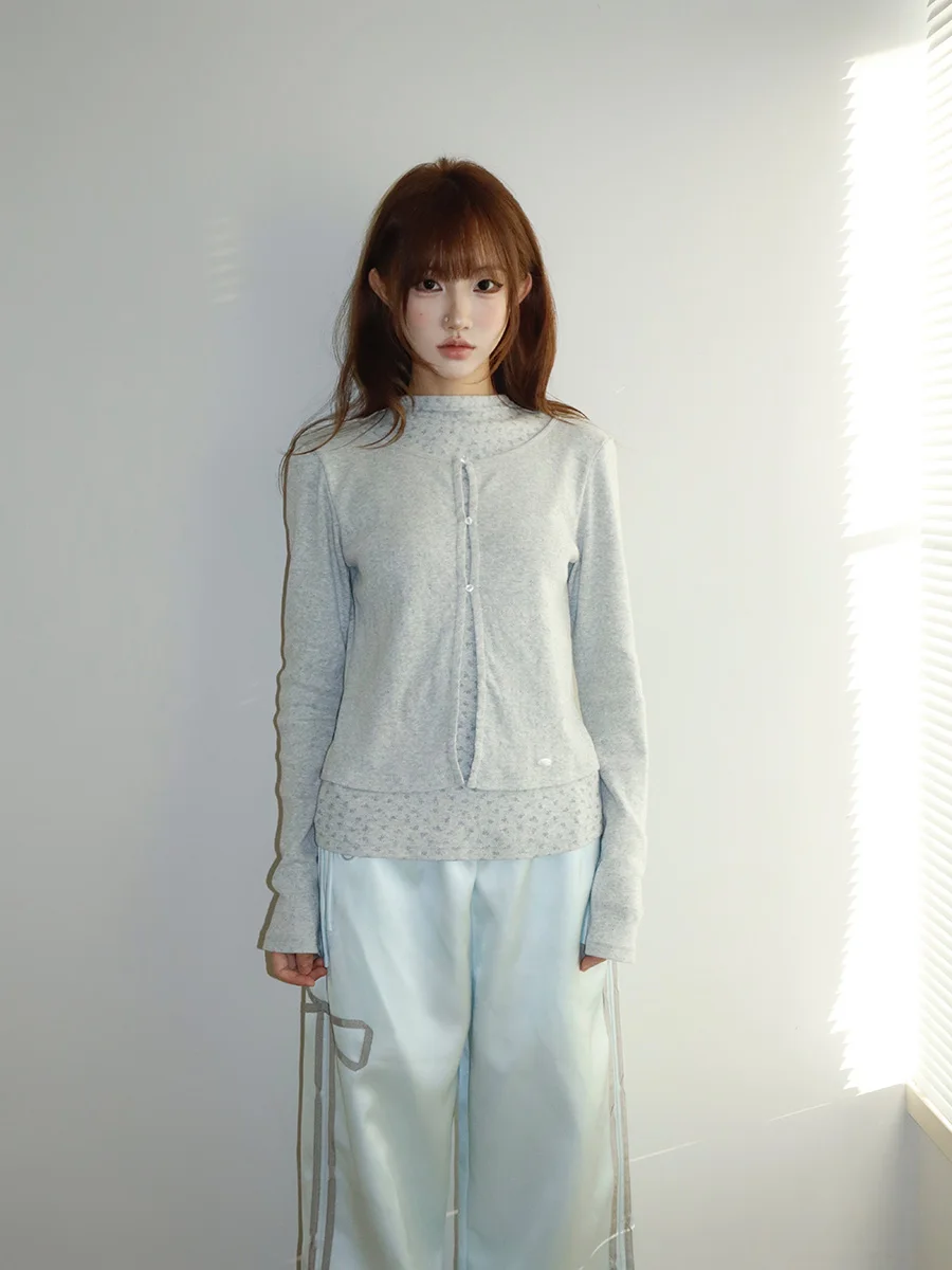 

Синий вязаный кардиган с цветочным принтом Rrichu, футболка в Корейском стиле, облегающий многослойный длинный женский топ из дышащего хлопка