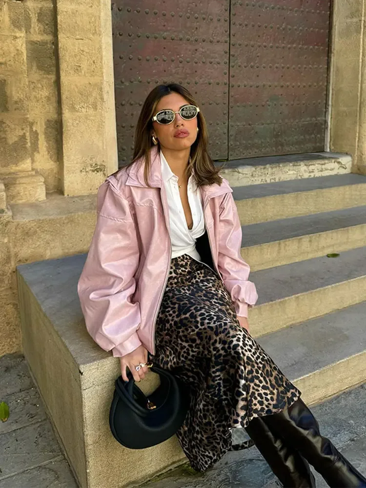 Chaquetas de cuero con solapa y cremallera para mujer, ropa de calle elegante de manga larga con bolsillo, color rosa, 2024