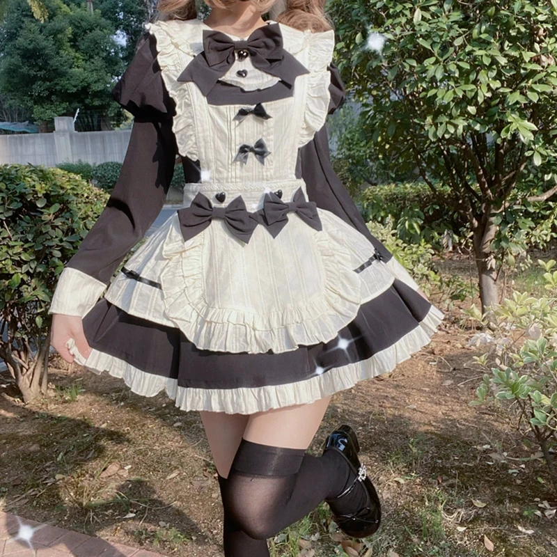 RORORIRI-vestido de princesa con lazo Kawaii para mujer, conjunto de 2 piezas de manga larga, falda envolvente de dos tonos, minivestido superpuesto, ropa de otoño Lolita