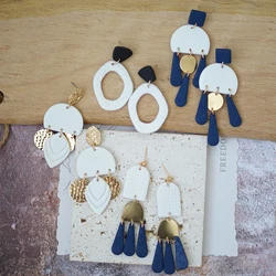 Modern Boho Navy Gold Polymer Clay Earrings Aesthetic White Geometric Statement Artsy Handmade Teardrop Fringe Dangle Earrings