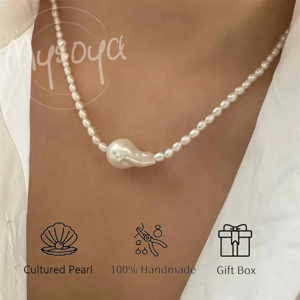 

MYSOYA белый рис пресноводный жемчуг барочный жемчуг кулон ожерелье 3-4 мм и 12-13 мм подарочная коробка для нее/дня рождения/свадьбы/Рождества