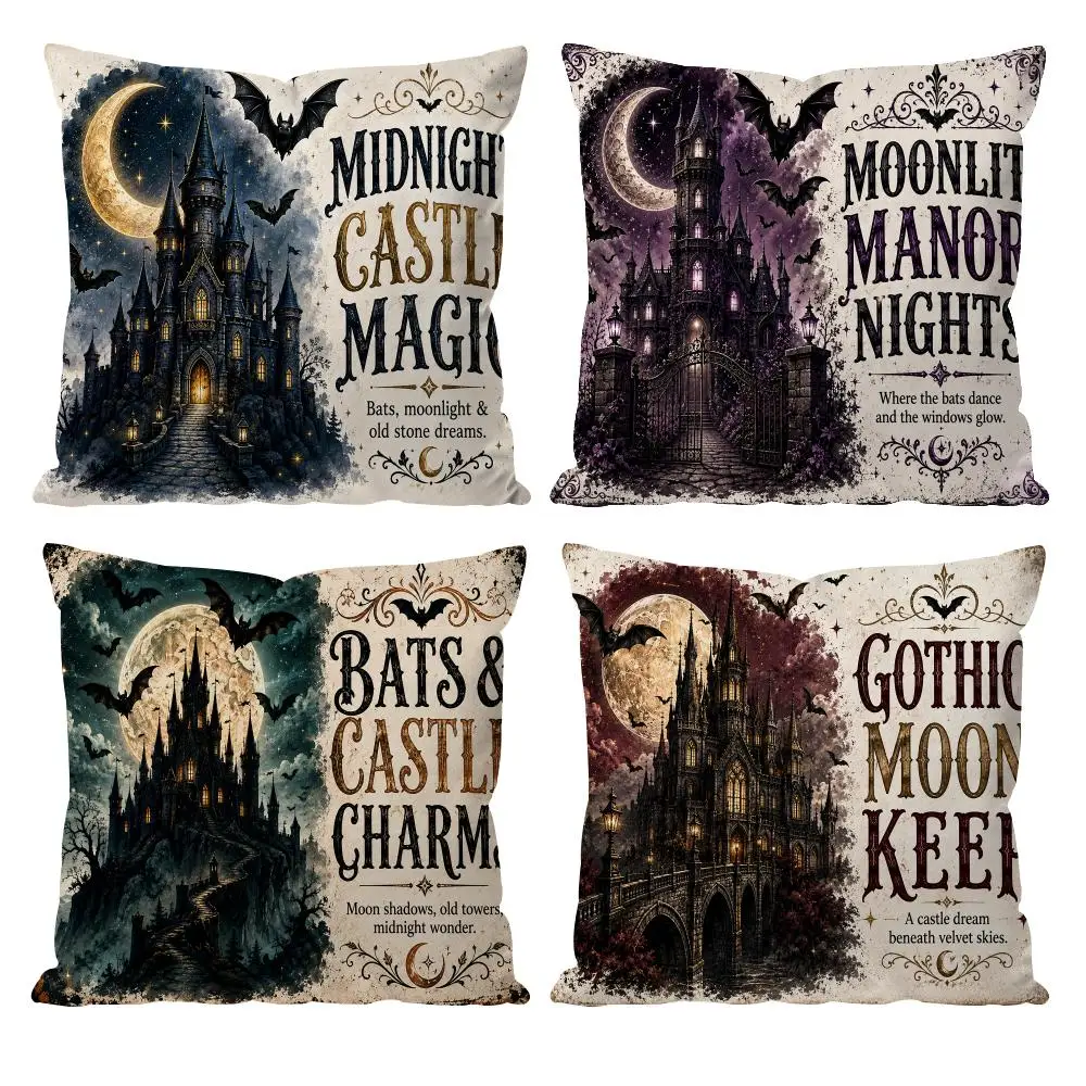 Haunted Tower Halloween Tales Cushion Cover Double-Sided Plush Sofa Cushion Covers Organic Breathable Invisible Zipper
