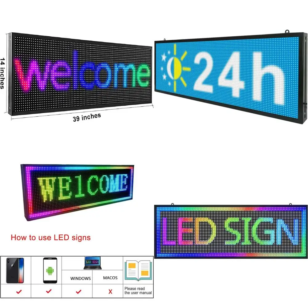 

Indoor/Outdoor 39x14 Inch LED Sign, Wi-Fi Controlled, Full Color Brightness, Scrolling Message Display for Business Advertising