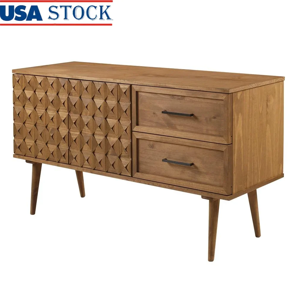 Boho Solid Wood Sideboard 2 Doors 2 Drawers Stylish Storage Buffet TV Stand with 3D Prism Detail