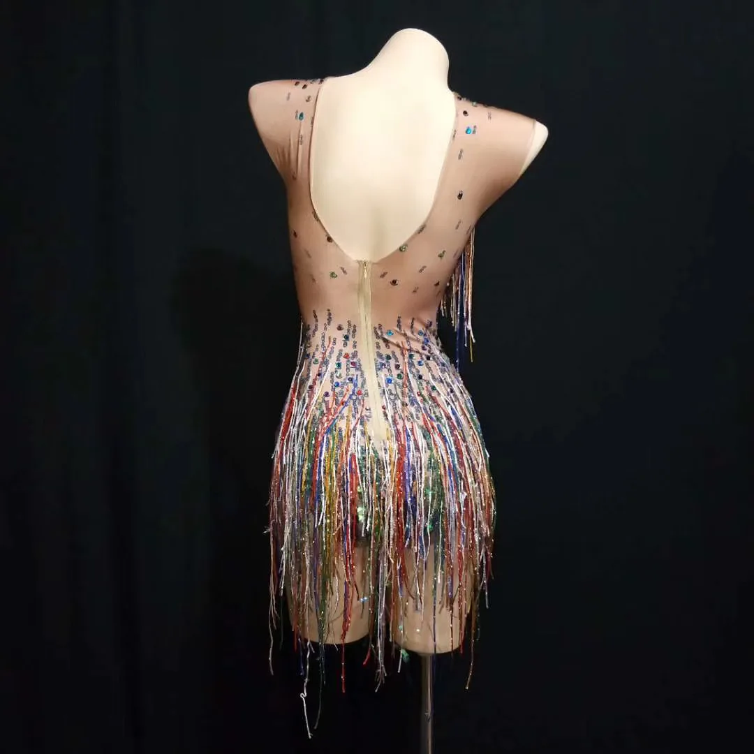 Sparkling Colored Rhinestones Fringes Women Bodysuits Nightclub Pile Dancing Costumes Singer Dancer Performance Stage Wear