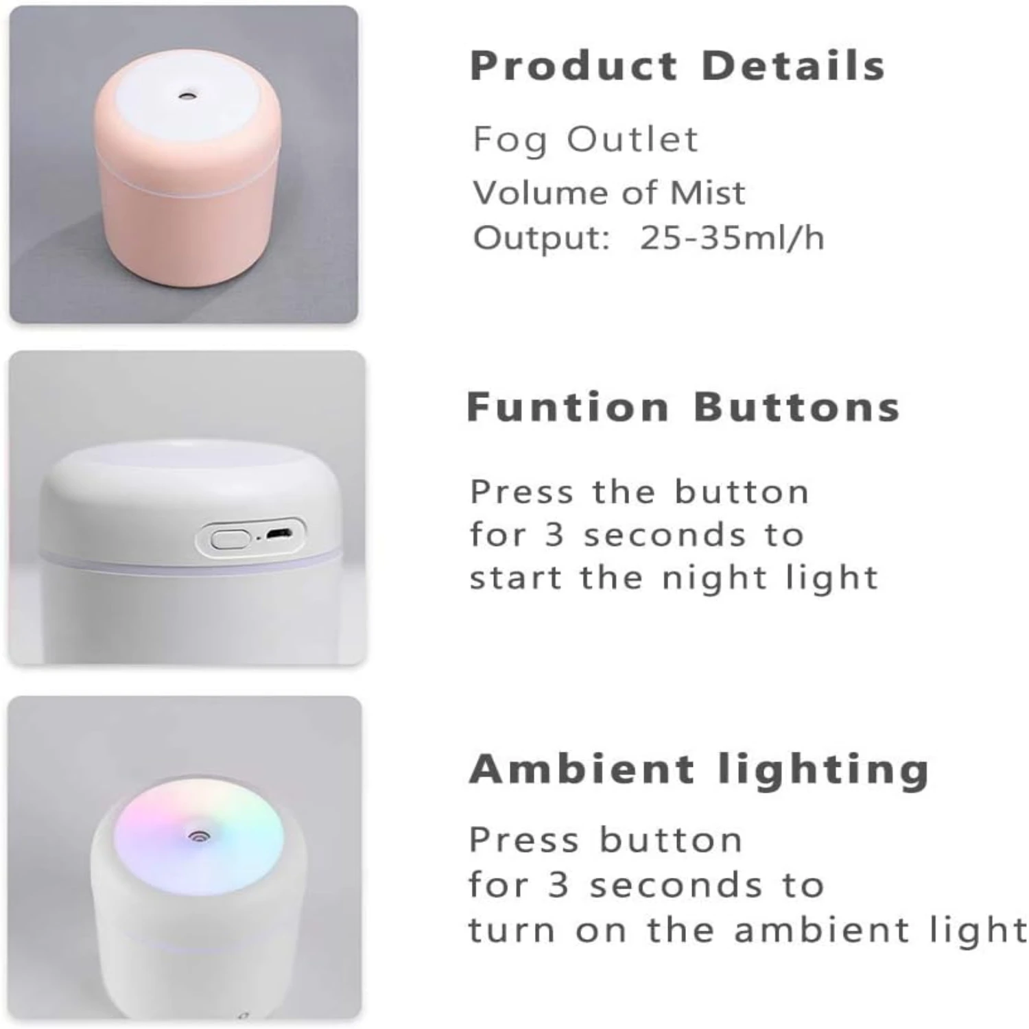 Супер тихий портативный мини-черный прохладный увлажнитель тумана для домашнего офиса, детской комнаты с многоцветным светодиодным ночником - 2 режима тумана и A