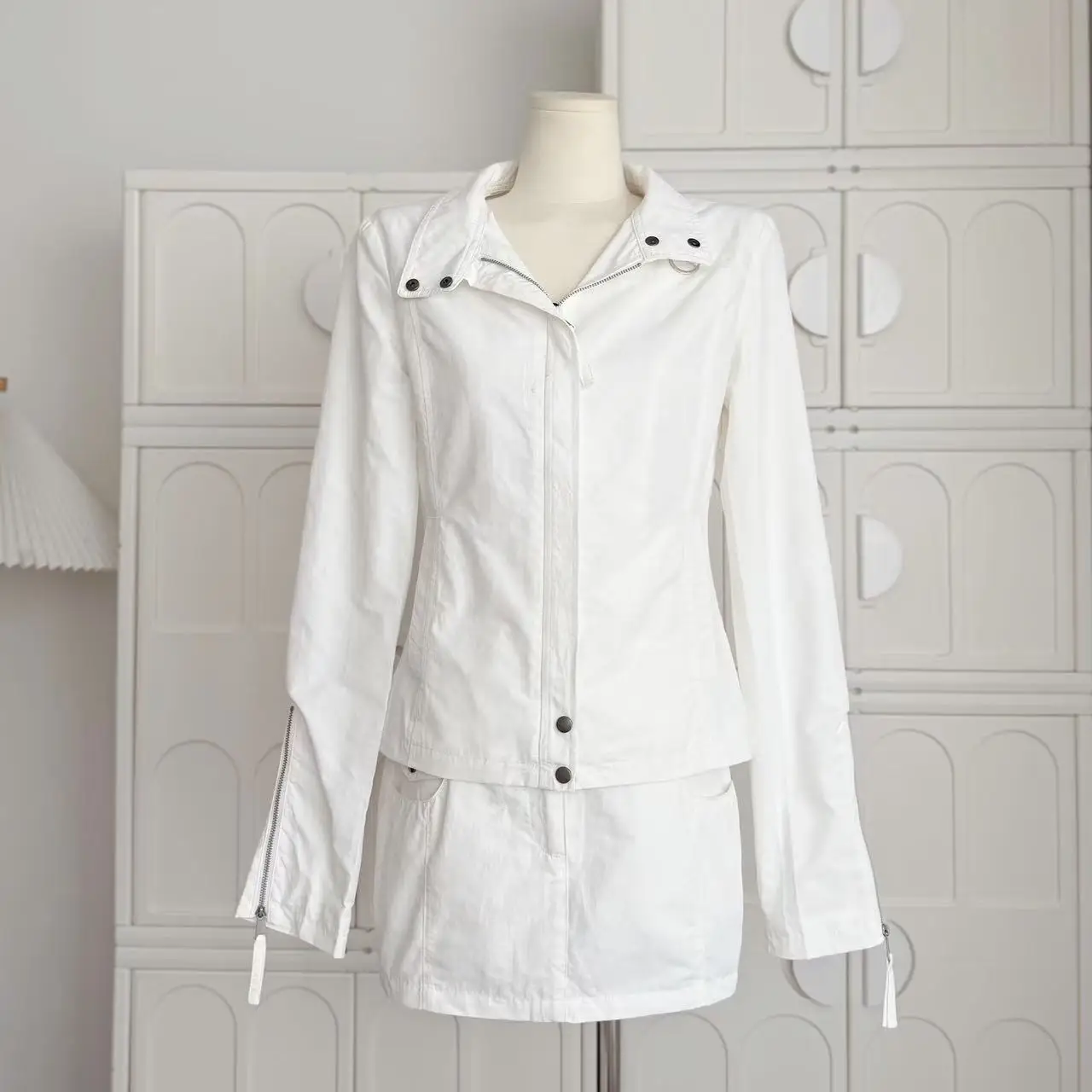 

Women's Spring Autumn Streetwear Cargo Skirt Set Lady Turtleneck Long Sleeve Zipper Slim Jacket + Mini Skirt