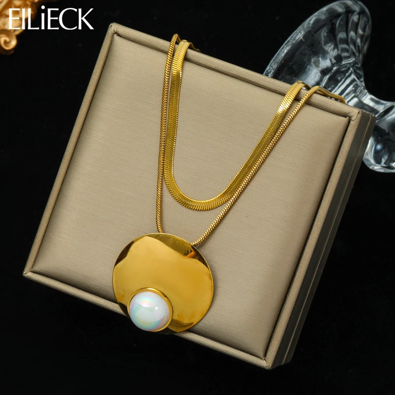 EILIECK 316L Stainless Steel Exaggerated Large Pearl Pendant Necklace For Women Girl Fashion 2in1 Chains Jewelry Lady Gift Party