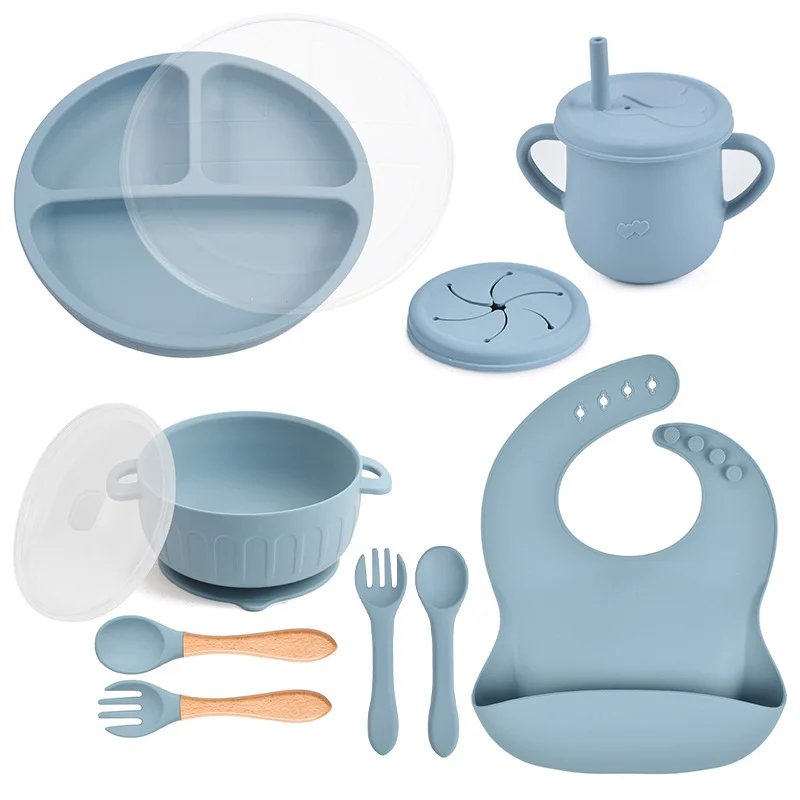 

10pcs/Set Baby Children's Tableware Waterproof Bib Feeidng Solid Color Food Plates Sucker Dishes Spoon Fork Leakproof Sippy Cup