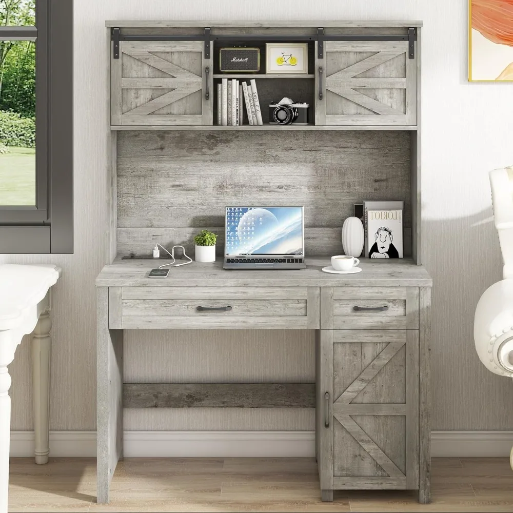 Farmhouse 47" Executive Desk, โต๊ะคอมพิวเตอร์พร้อมลิ้นชักและตู้เก็บของ, โต๊ะคอมพิวเตอร์เวิร์คสเตชั่นพร้อมฮัทช์