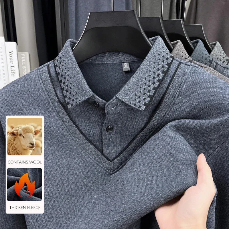 

BROWON Мужская рубашка поло 2025 Зимняя деловая тонкая рубашка поло с длинным рукавом Мужская плюс флисовая теплая искусственная рубашка из двух предметов Мужская одежда больших размеров