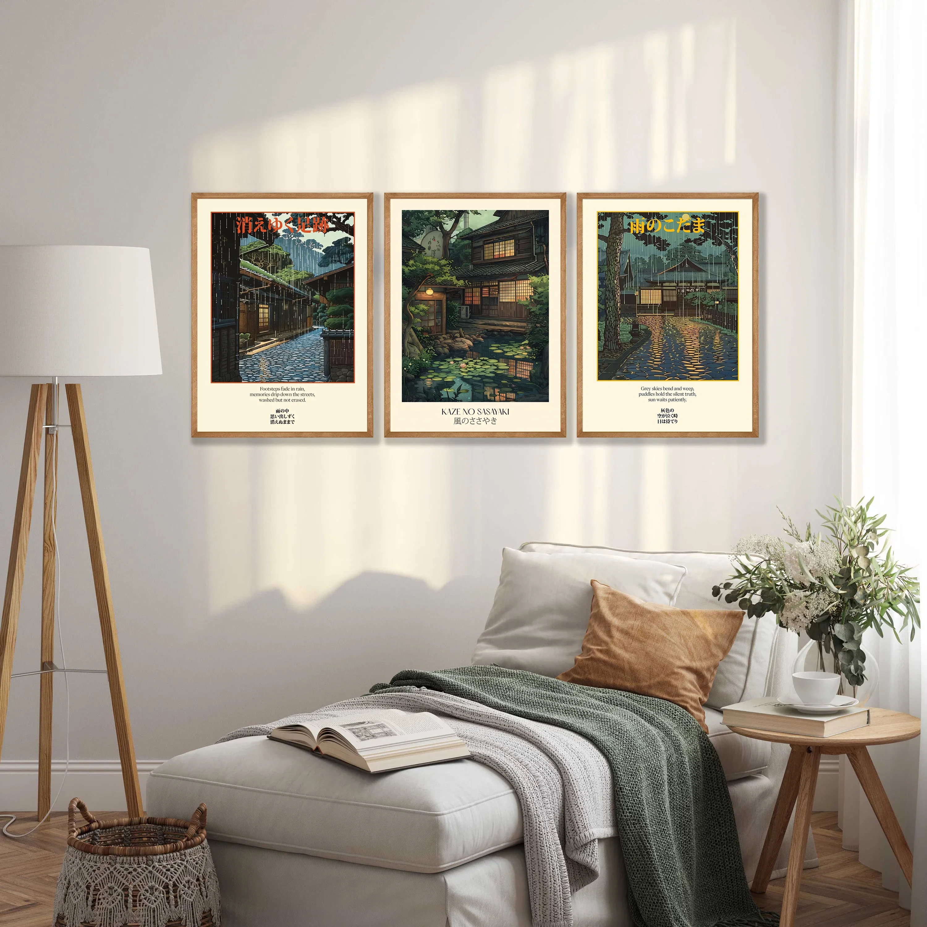 3PCS Large-sized frameless canvas paintings,3pcs/set Japanese Garden Pond Art Oriental Landscape Canvas Poster Wind Whisper Rain