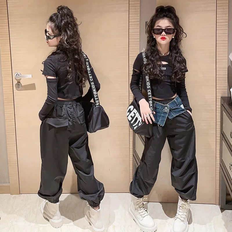 

2024 Spring and Autumn Teenage Girls Clothing Mid-sized Child Denim Patchwork Overalls Sets Hip Hop Loose Ankle Banded Pants