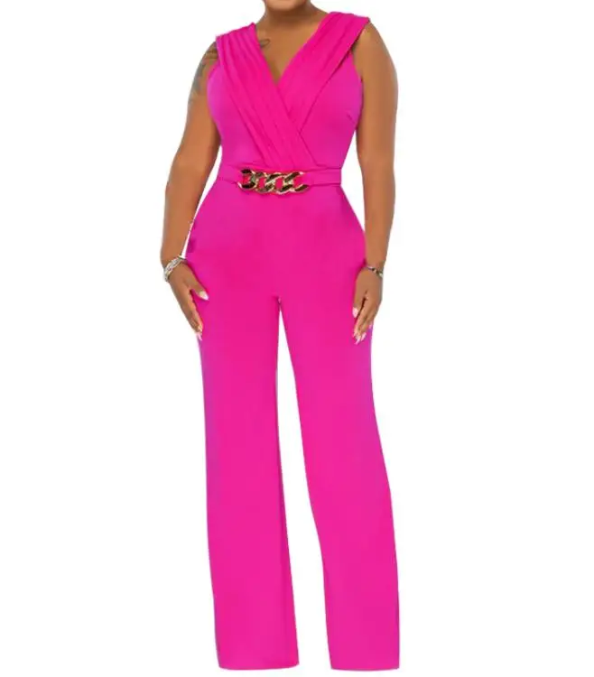 Elegant Women\'s Jumpsuit 2023 Summer Fashion Solid Color Casual V-Neck Sleeveless Daily Wide Leg Long Jumpsuit Streetwear