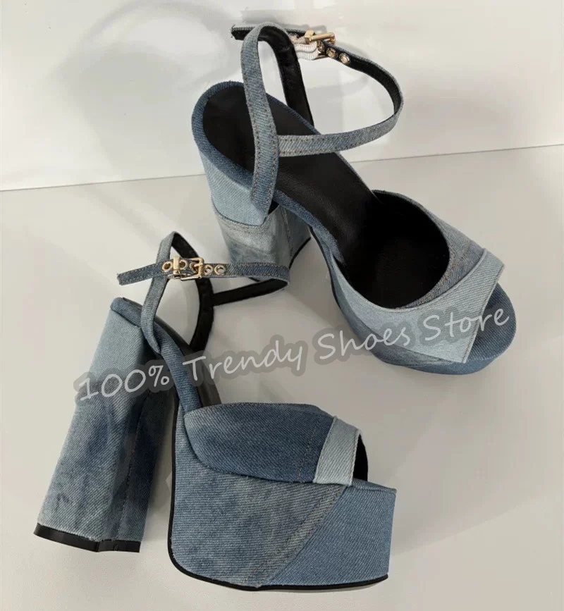 

Fashion Mixed Color Denim Splicing Women Sandals Chunky Platform High Heel Peep Toe Gladiator Shoes Lady Large Size Pumps