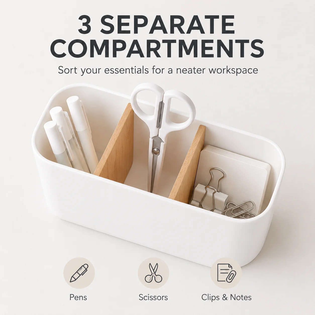 QA Minimalist Desk Organizer 3 Compartment Pen Holder with Wooden Dividers Office Storage Box for Pens Scissors Clips Home Offic