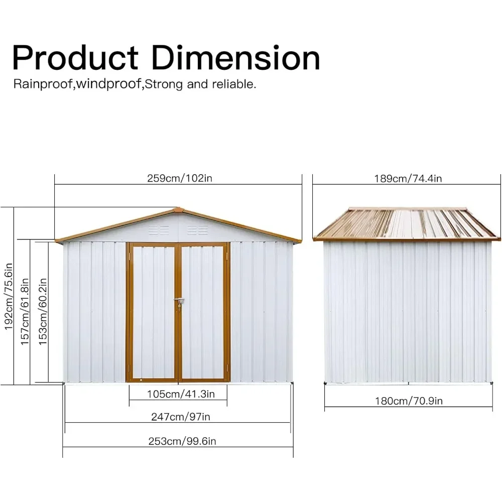 Cobertizo de Metal para jardín al aire libre, herramienta de almacenamiento de utilidad anticorrosión, Casa con puertas dobles y rejillas bloqueables, impermeable, 6 pies x 8 pies