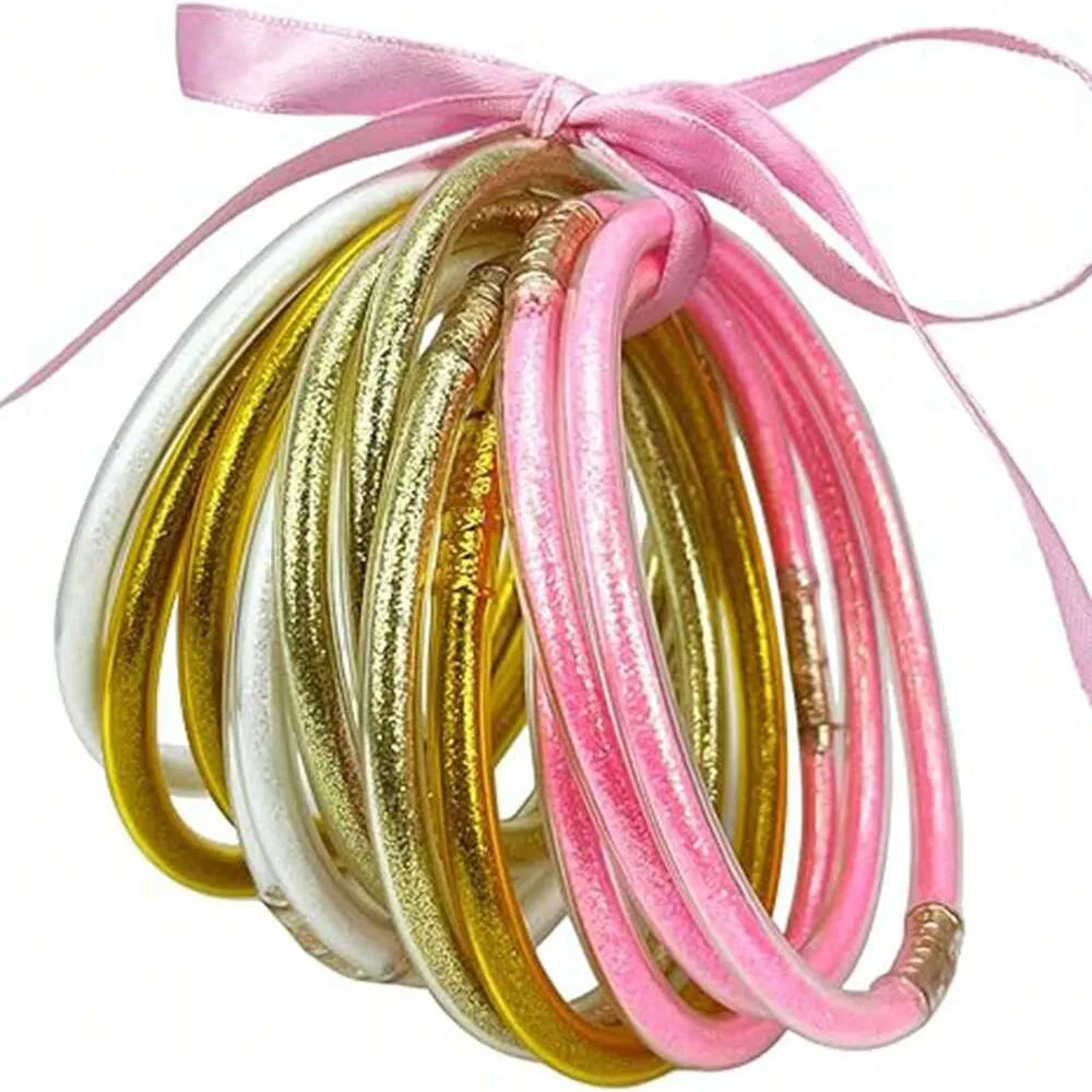 12pcs Women Glitter Jelly Bangle Transparent PVC Ribbon Bracelets Stackable Cuffs For Summer Beach Vacation Party And Daily Wear