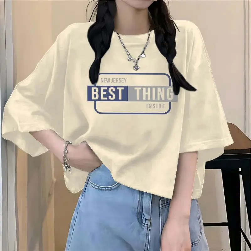 

Sweet short sleeved ins printing 2024 new pure cotton high waisted short style fashionable loose t shirt half sleeve harajuku