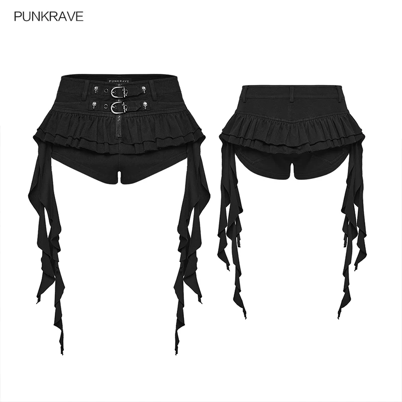 PUNK RAVE Women's Punk Skirt-Shorts, Black Cotton Elastane Layered Ruffle Shorts with Tassels OK792
