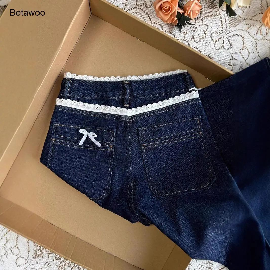 Women's Vintage Lace Trim High Waist Straight Leg Jeans Dark Blue Denim Pants with Ruffle Detail Loose Fit Casual Trousers