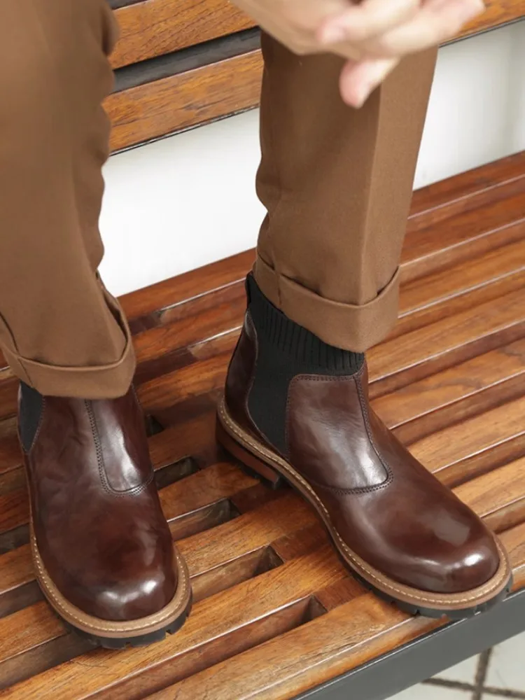 Retro Genuine Leather Mens Chelsea Boots Patchwork Slip On Round Toe British Style Business Casual British Style High Top Shoes