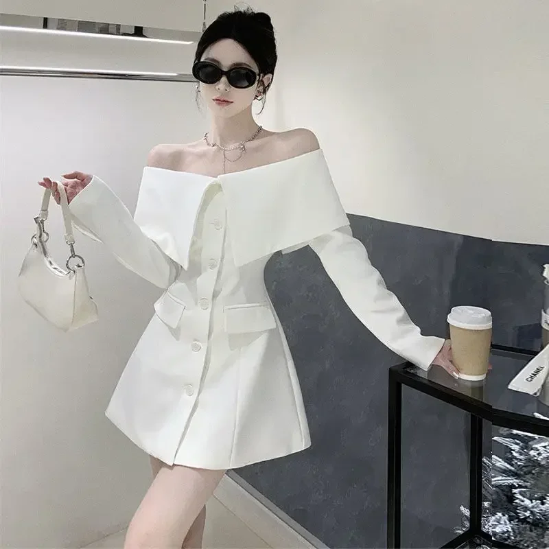 Gagaok Slash Neck Dresses Women Spring Autumn New Solid Mini A Line Office Lady Dress Simple French Vintage Chic Vestidos