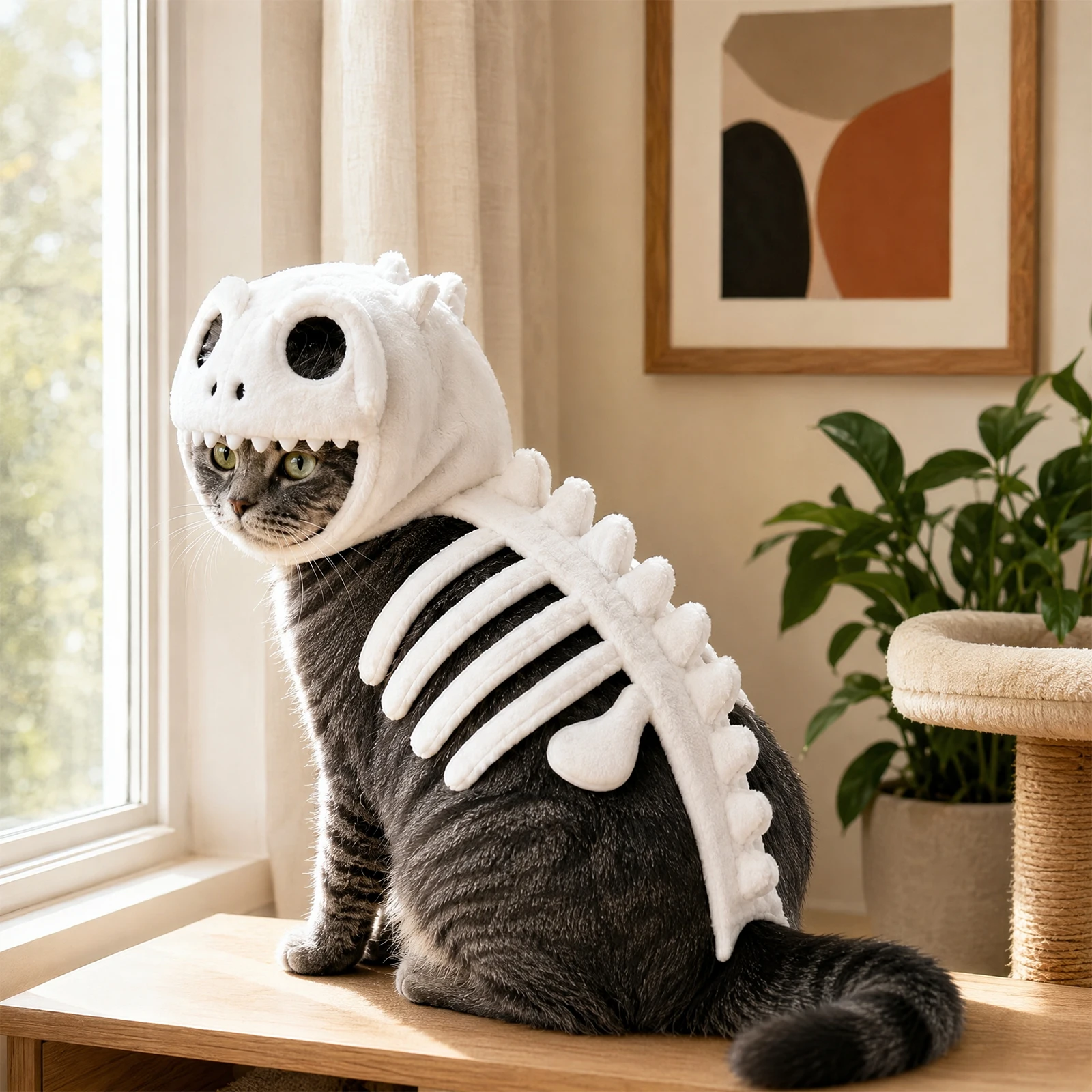 Glow Dark Skeleton Cat Halloween Costume Dinosaur Plush Hoodie Pet Outfit 3D Skull Cap Rib Spine Fleece Soft