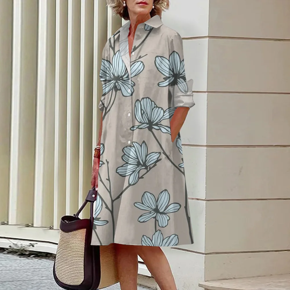 Women's Dress Lapel Loose Shirt Floral Pattern Long Sleeve Dress Button Pocket Women's Dress 2024 Summer Party Evening Gown