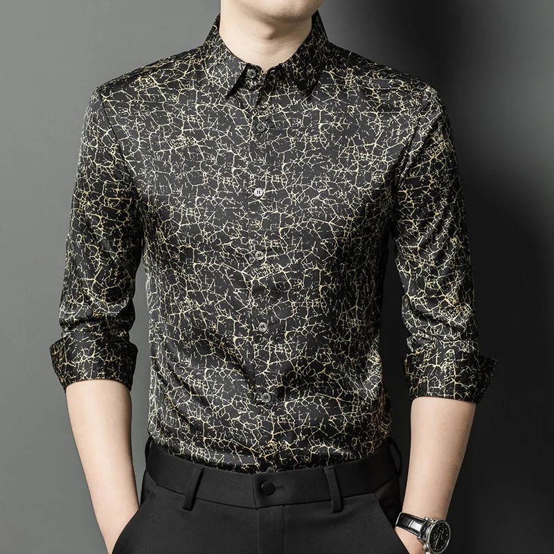 Men Clothes Spring Autumn Men Long Sleeve Shirt Silk Flower Shirt Business Casual