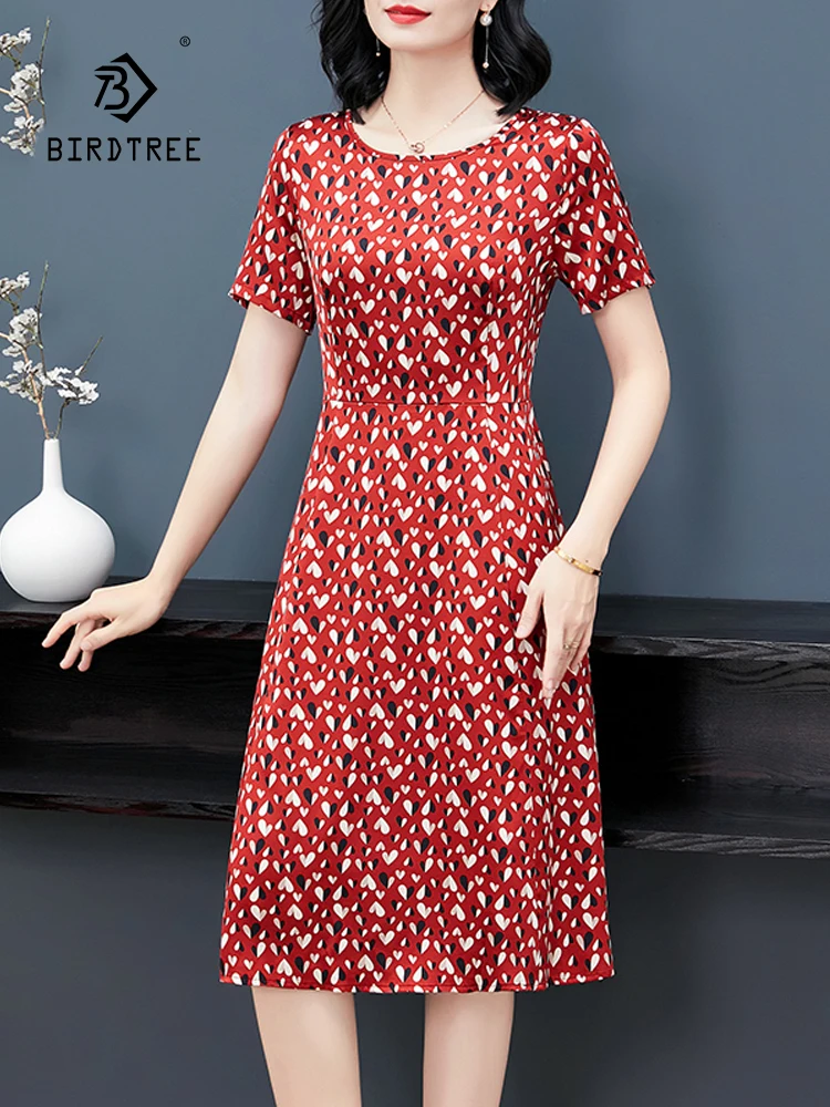 

BirdTree, 91%Real Silk Eleagnt Dresses, Women Short Sleeve Printed,OL Commute Versatile Oversize Mom Dress, 2024 Summer D44824QC