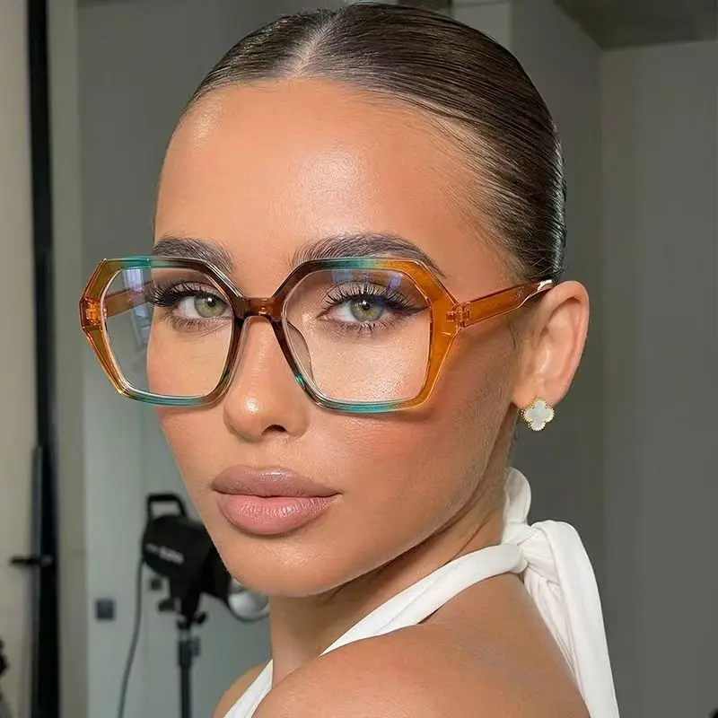Persönliche Oversize-Hexagon-Brille mit farbigem Farbverlauf-Rahmen, klaren Gläsern, stylische Cat-Eye-Brille mit Blaulichtfilter für Damen