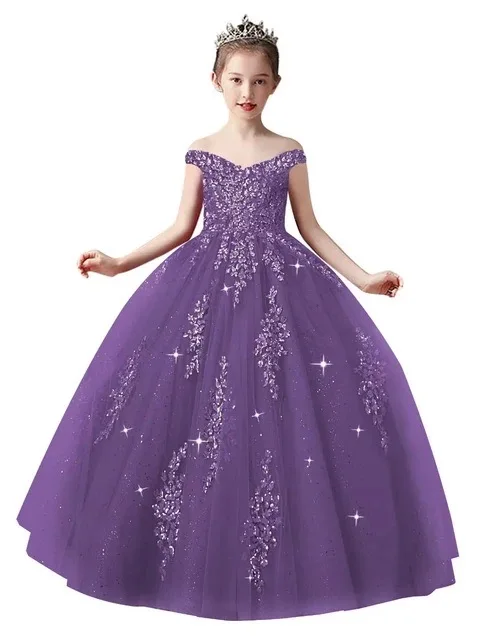 Purple Flower Girl Dresses For Weddings Lace Applique Tulle Off Shoulder Princess Ball Gown Kids Birthday Party Communion Gowns