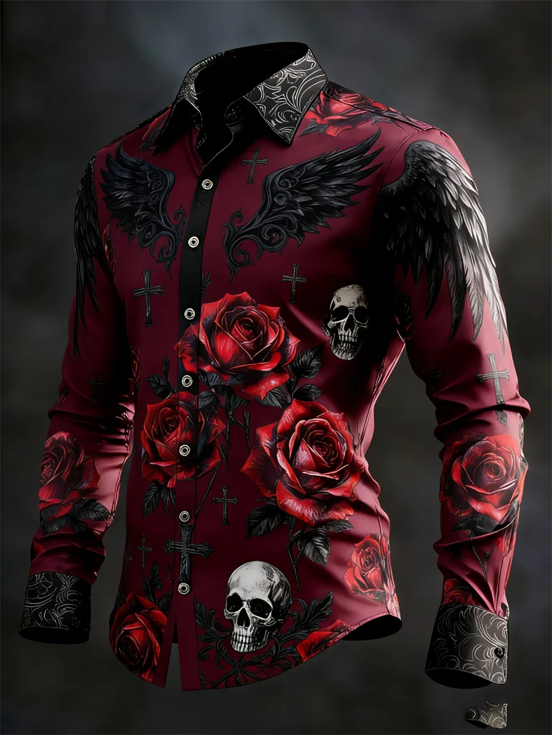 New 11 color men's long sleeved lapel shirt fashionable 3D wing printed rose pattern luxurious long sleeved shirt