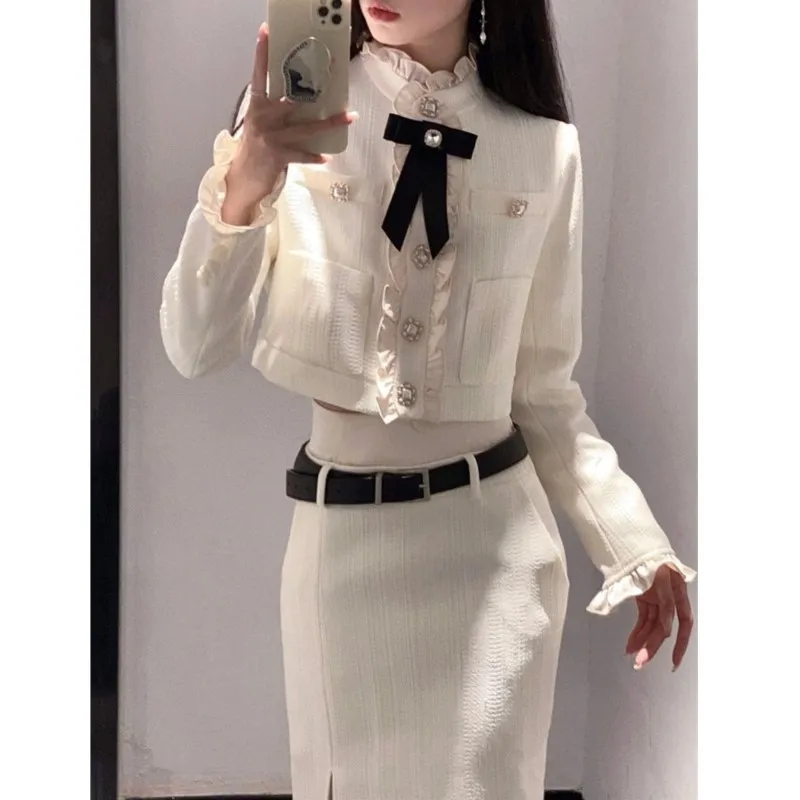 Korean Fashion Elegant Two-piece Skirt Set Women Crop Jacket Coat Bodycon High Waist Midi Skirt Autumn Winter New Luxury Outfits